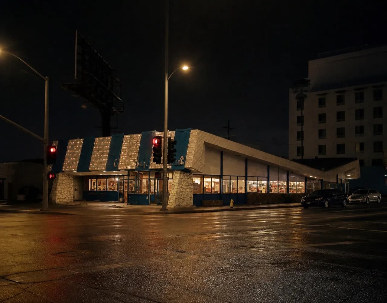 Los Angeles pub frontage lit before dawn