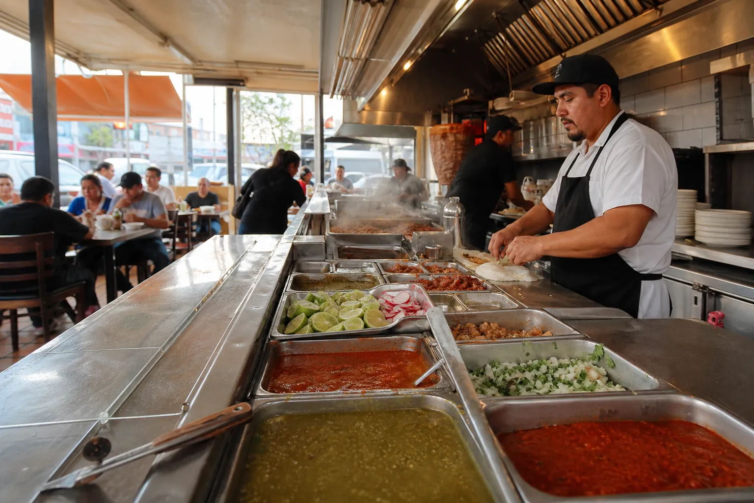 Casual taco counter inside a busy East Hollywood taqueria
