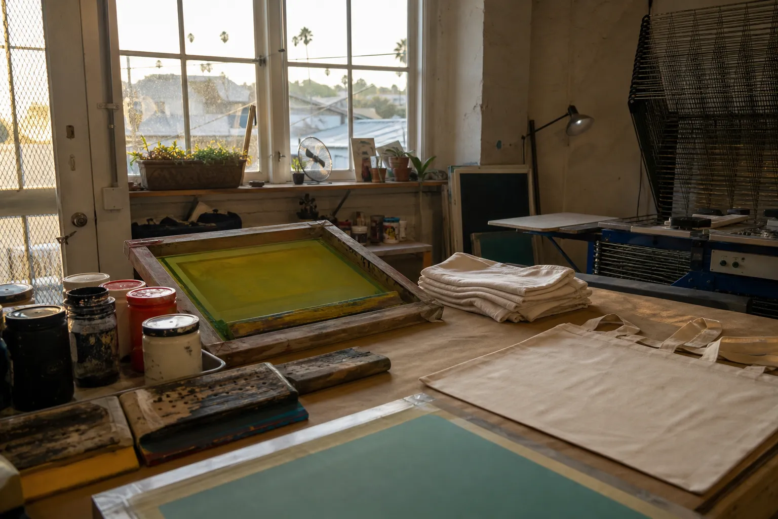 Warm screen printing studio counter with ink, screens, and folded tees in Echo Park