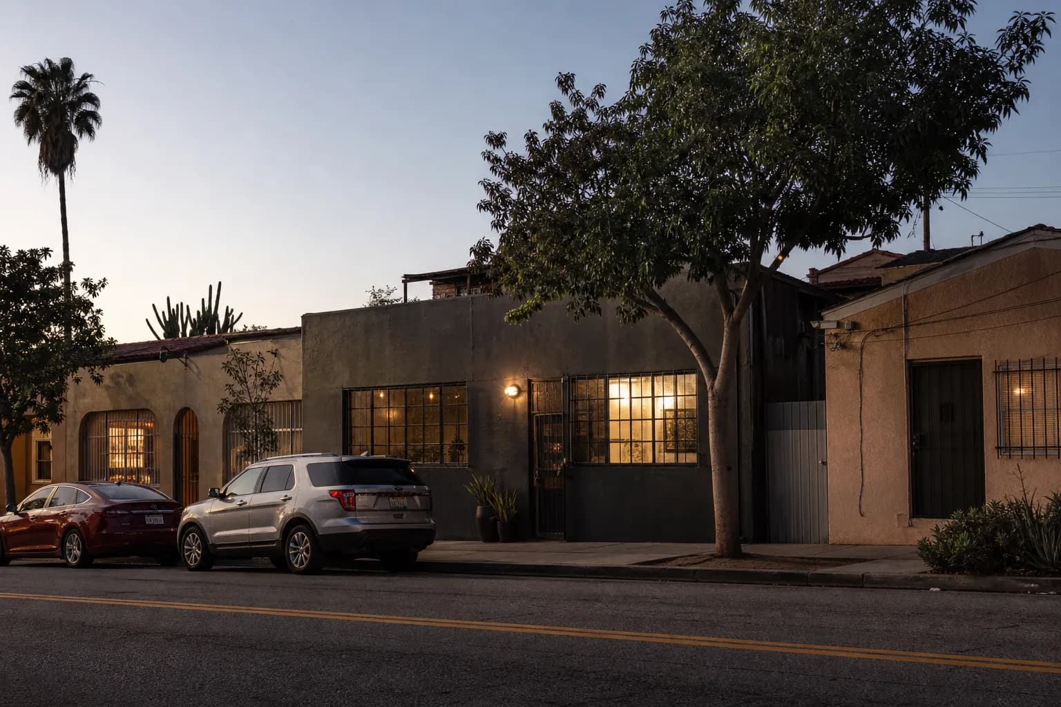 Evening view of an Echo Park creative studio exterior on a neighborhood street