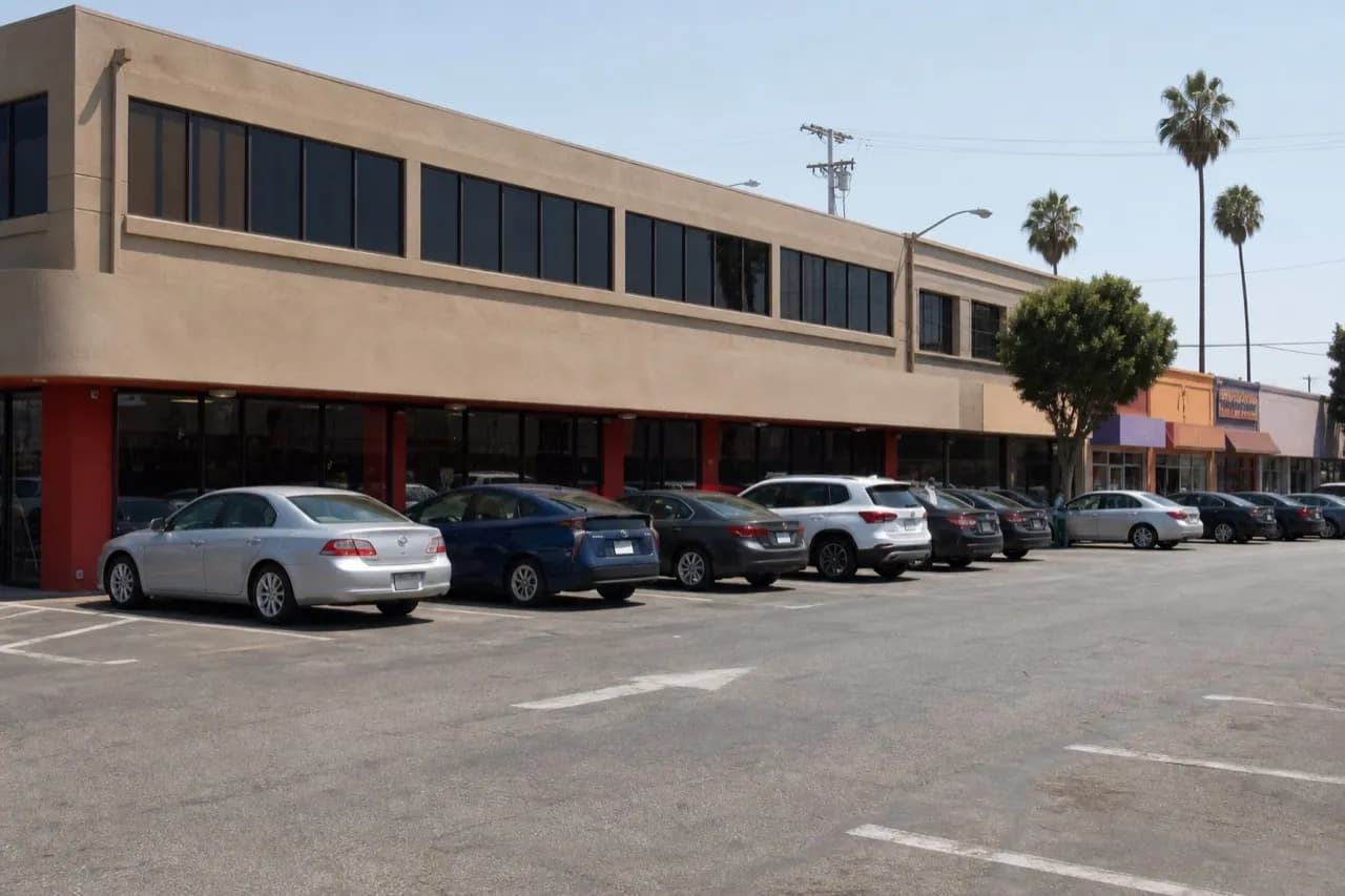 Koreatown Los Angeles storefront block seen from the sidewalk in flat daylight