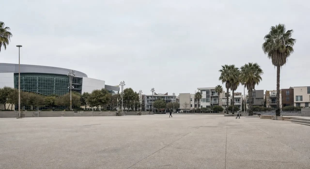 Open plaza outside a downtown Los Angeles arena