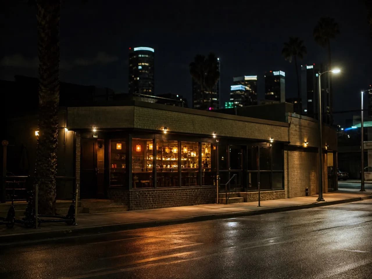 Downtown Los Angeles street lit at night after an event