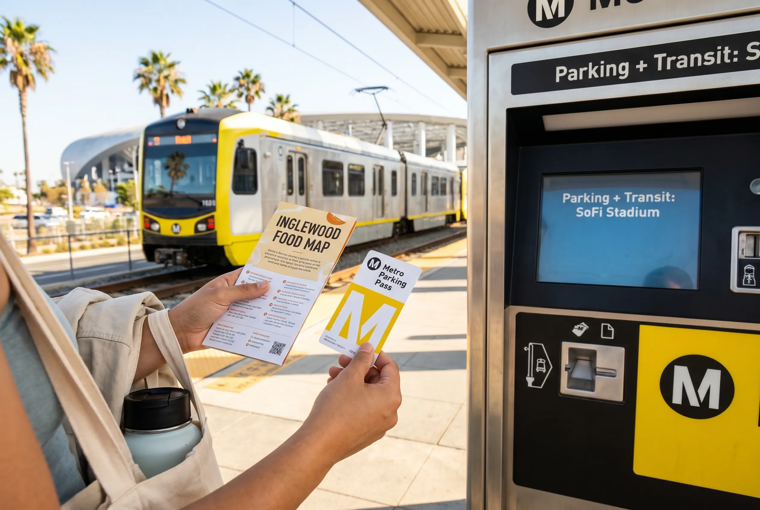 A bright practical scene for los angeles stadium metro parking and inglewood food guide.