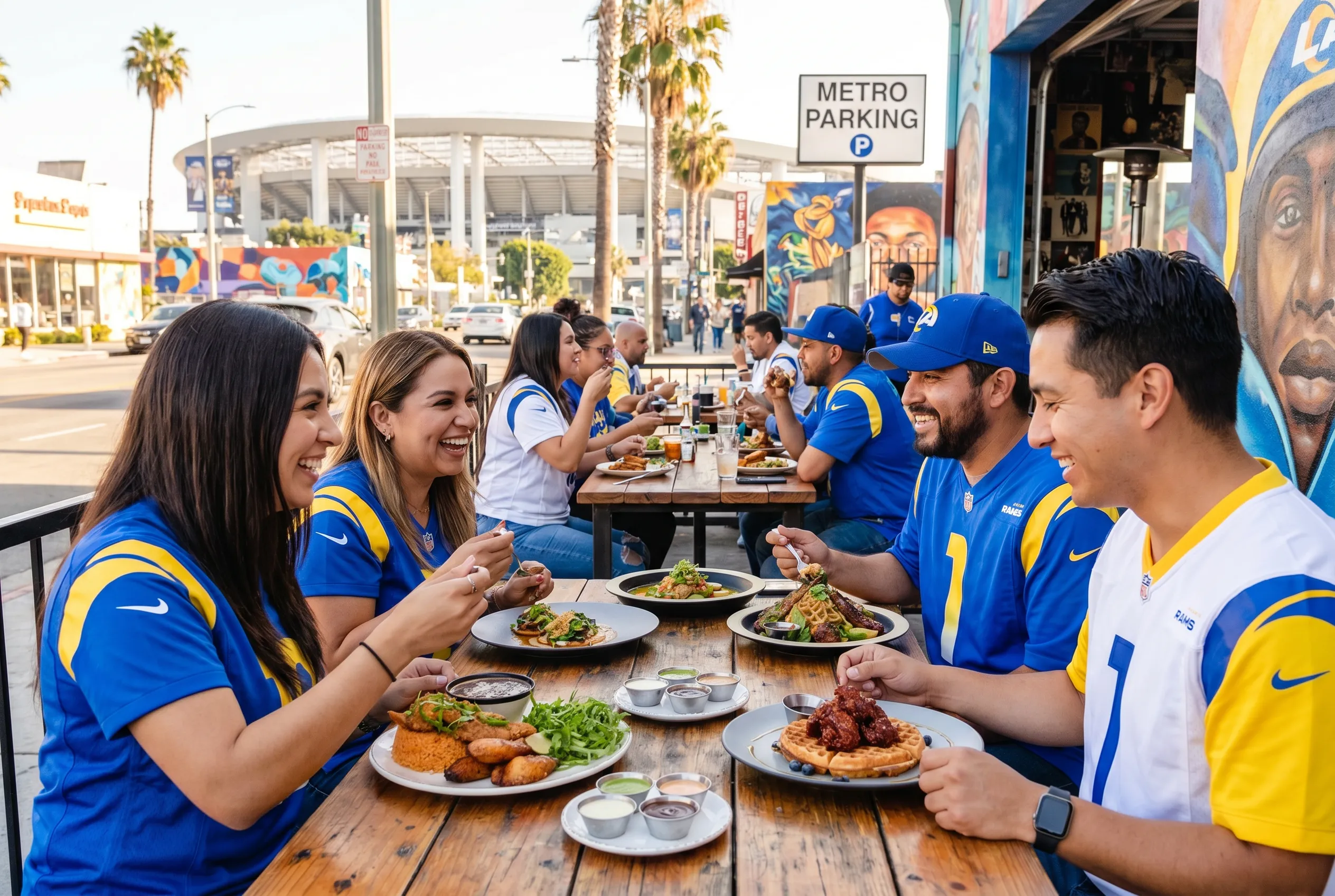 World Cup supporters navigating Los Angeles · Inglewood during match day.