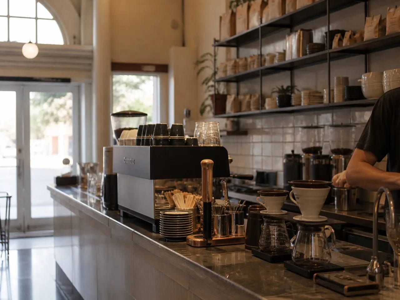 Los Angeles coffee bar counter with an espresso machine and stools