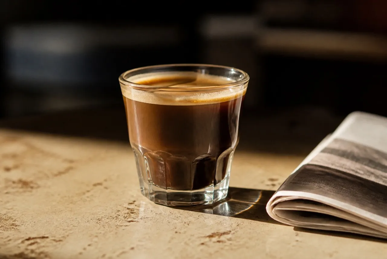 Single cortado in a small glass on a cafe tabletop