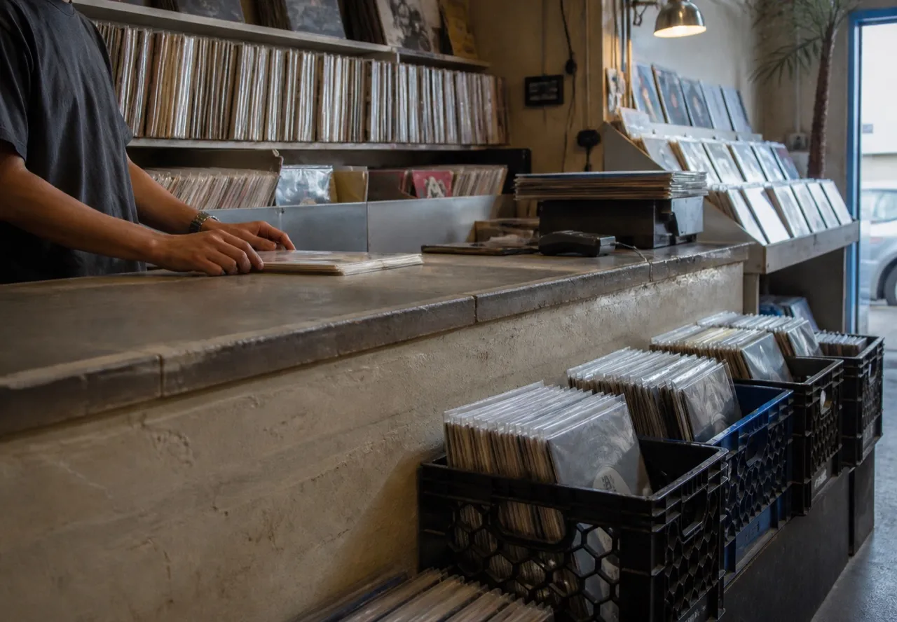 Record shop counter with crates and racked sleeves behind