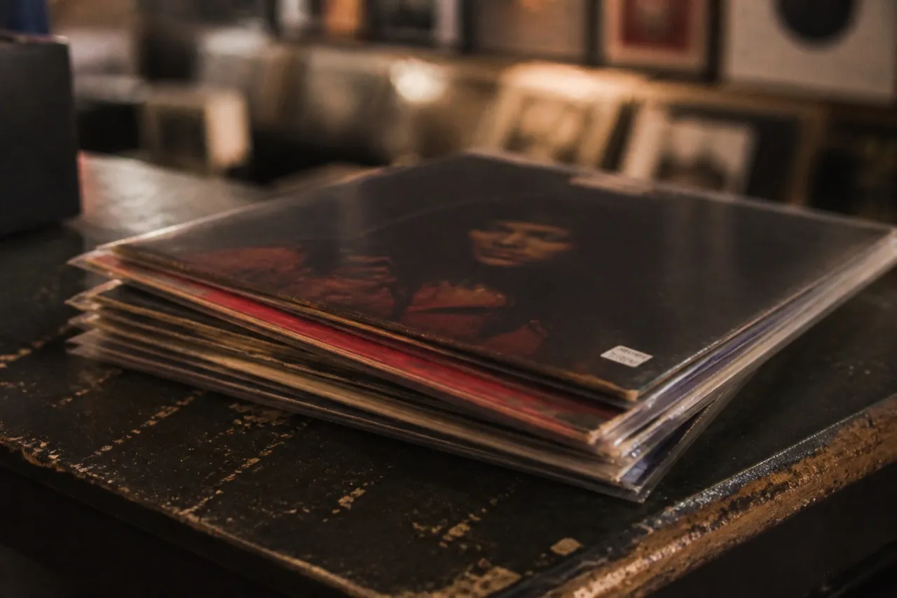 Stack of record sleeves on a worn shop counter