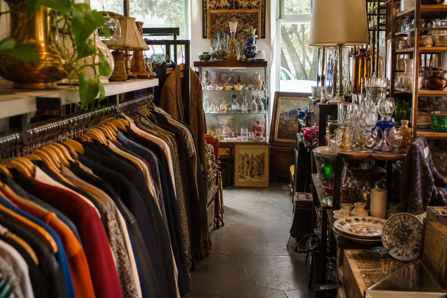 Cluttered vintage shop interior with racks and collectible decor