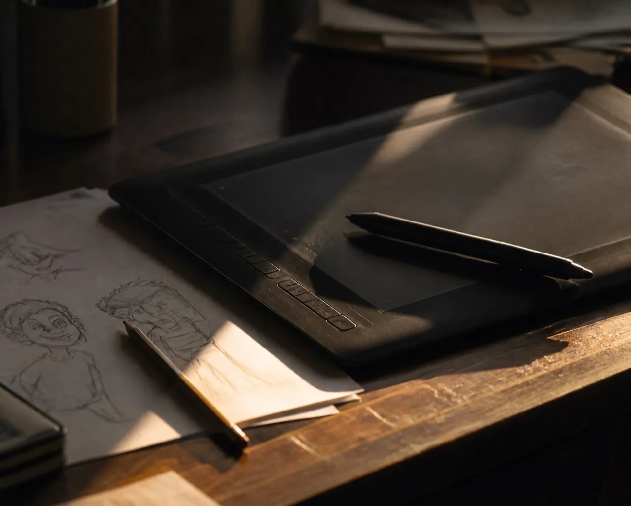 Drawing tablet, pencil and character sketches on a desk