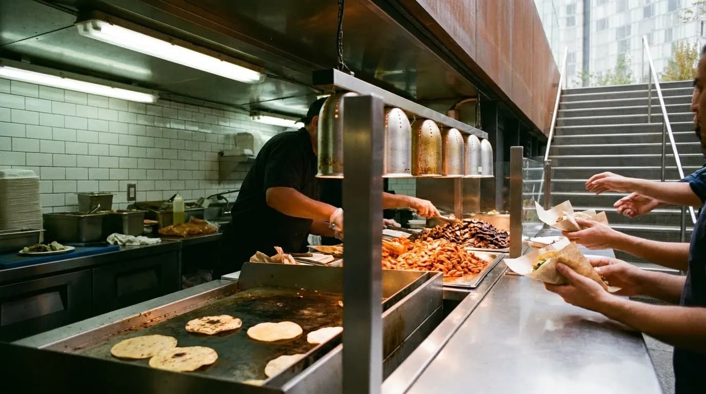 Stainless steel counter at Los Tacos No. 1 with griddle charring corn tortillas under heat lamps, orange adobada and dark carne asada at meat stations, white tile backsplash, customers reaching for paper-wrapped tacos