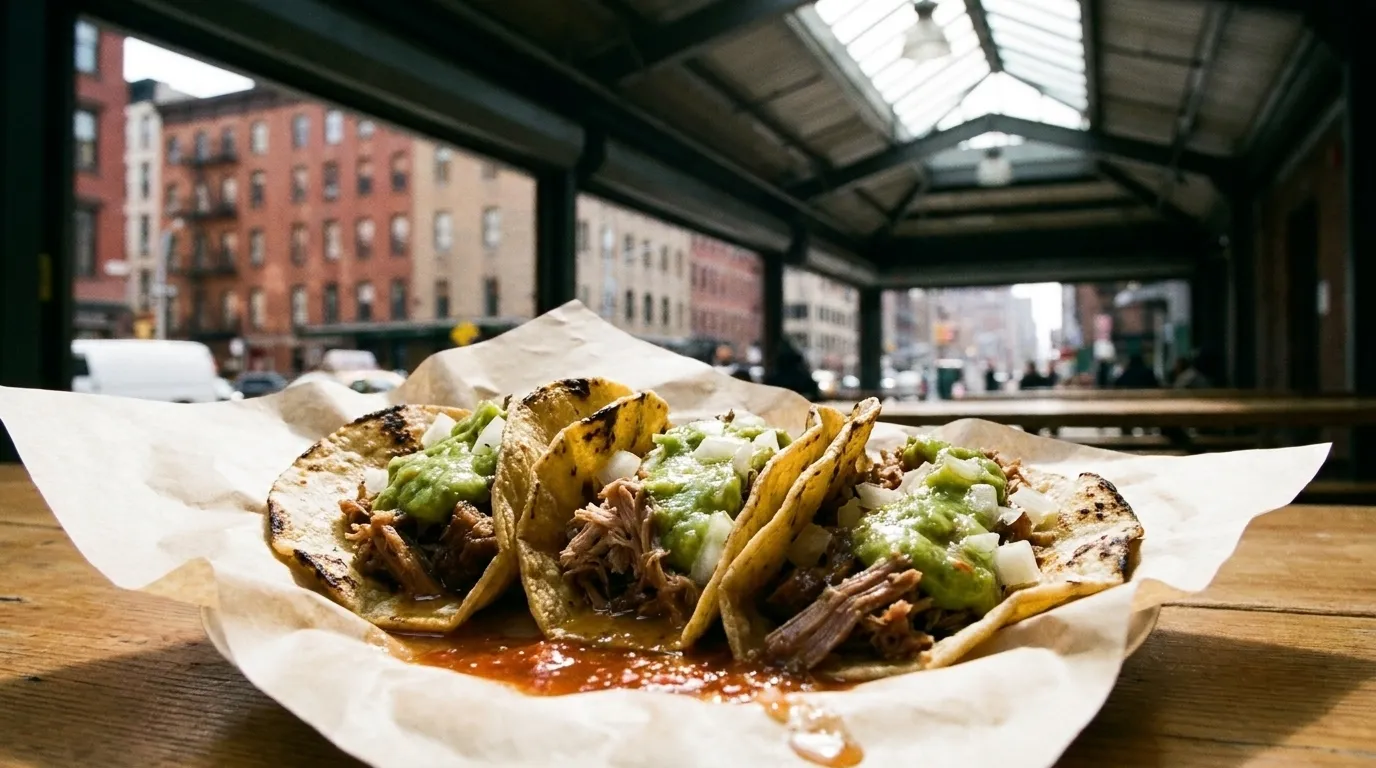 Three tacos on paper wrapper with charred tortilla edges folded around shredded meat glistening with green guacamola and diced white onions, red salsa pooling at base, natural daylight from market skylights