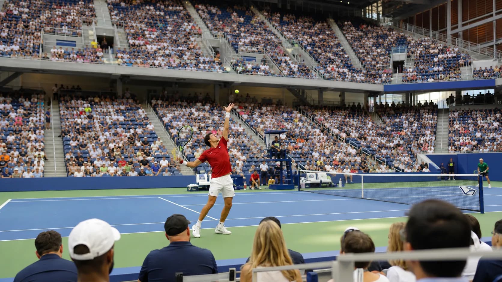 Photorealistic US Open tennis scene for Louis Armstrong Stadium Guide: Seats, Shade, and Match Access.