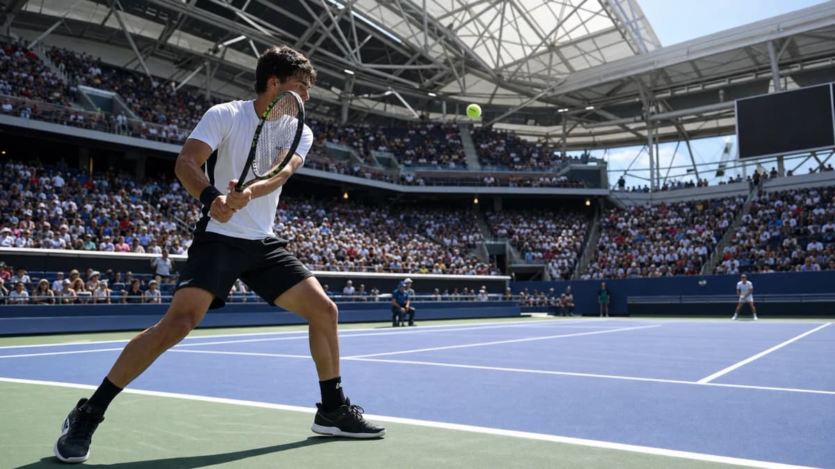 Photorealistic tennis scene illustrating Louis Armstrong Stadium Guide: Seats, Shade, and Match Access.