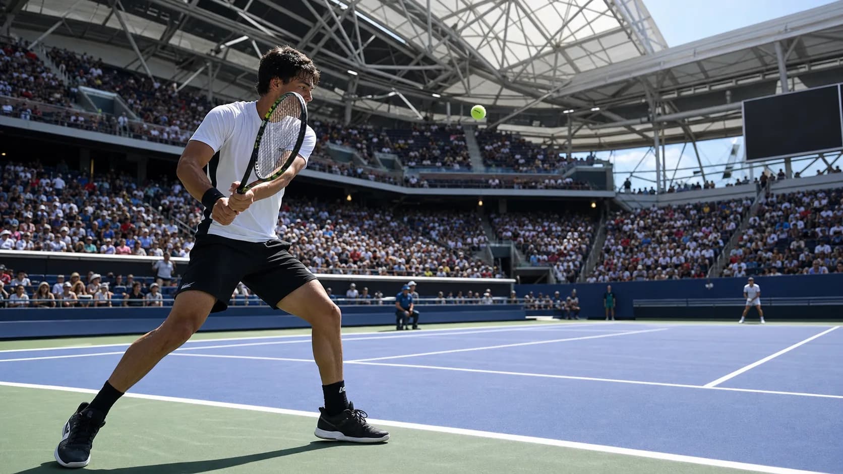 Photorealistic tennis scene illustrating Louis Armstrong Stadium Guide: Seats, Shade, and Match Access.