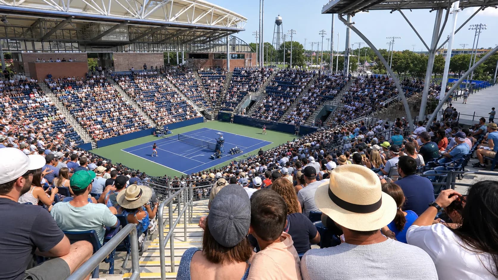 Bright US Open tennis atmosphere illustrating Louis Armstrong Stadium Guide: Seats, Shade, and Match Access.