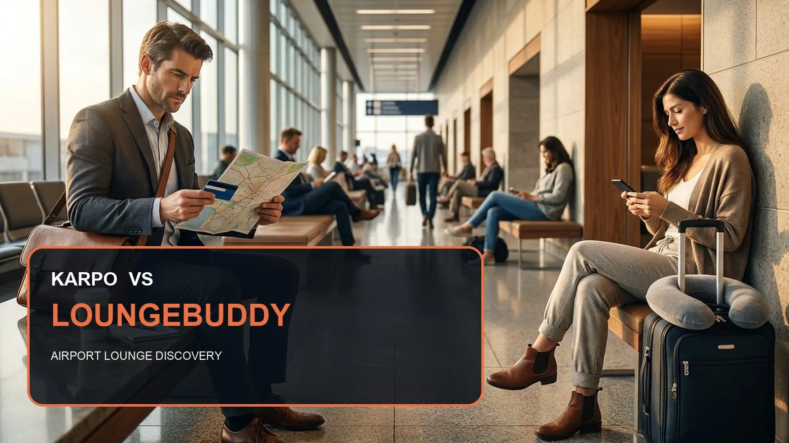 Karpo versus LoungeBuddy in a photorealistic editorial comparison.