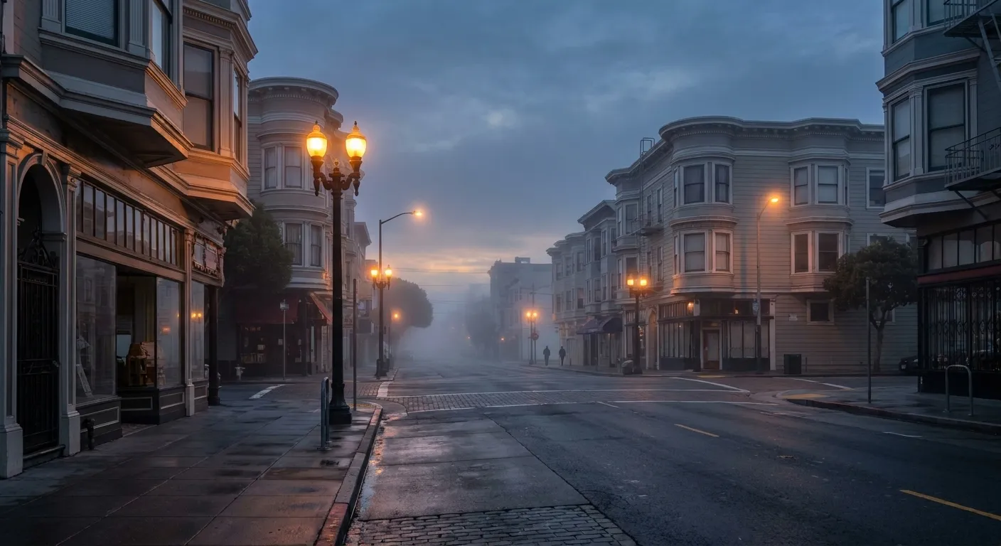 Empty Haight Street at dawn with Victorian storefronts and streetlights glowing in early morning blue light