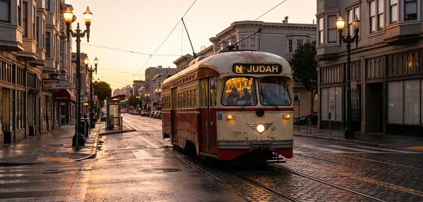 N-Judah MUNI streetcar approaching a stop near Haight Street in early morning light