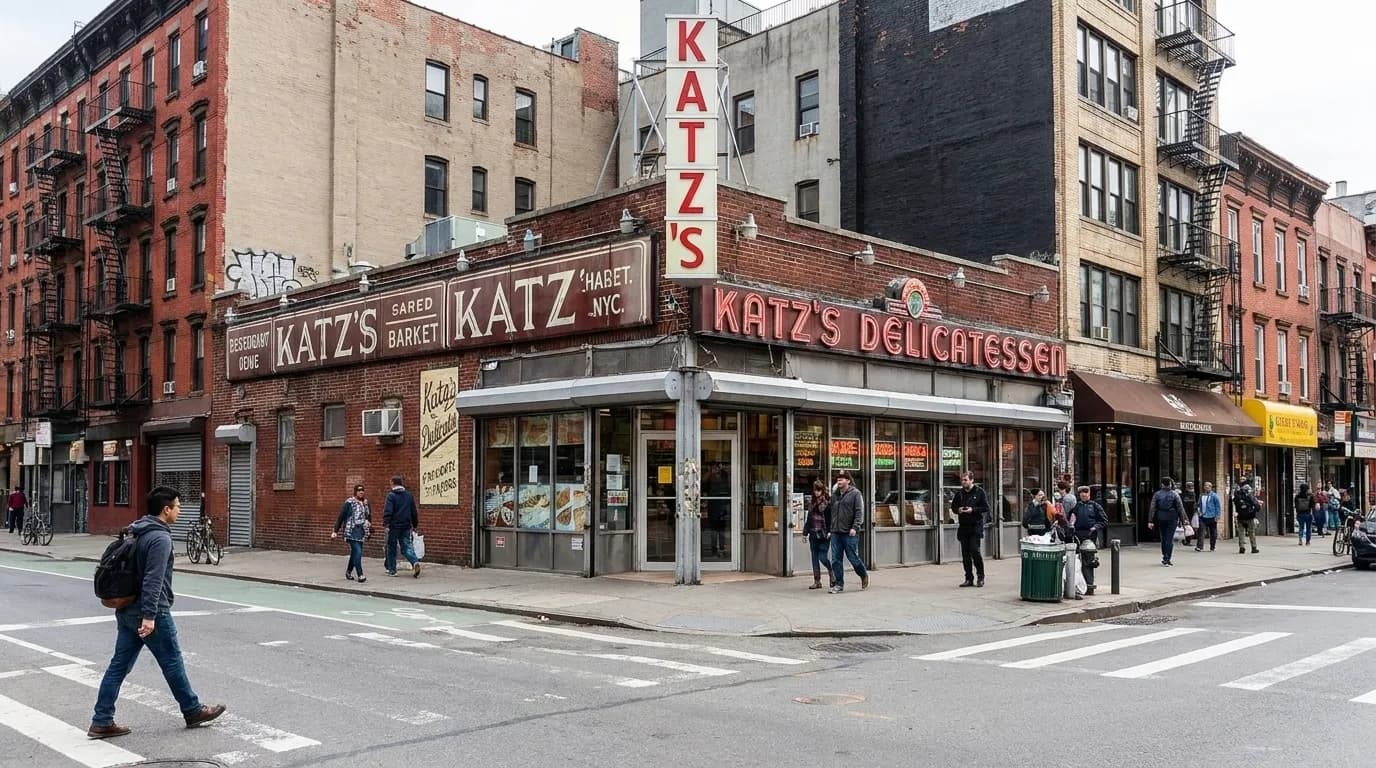 Iconic Katz's Delicatessen storefront on Houston Street in Manhattan's Lower East Side
