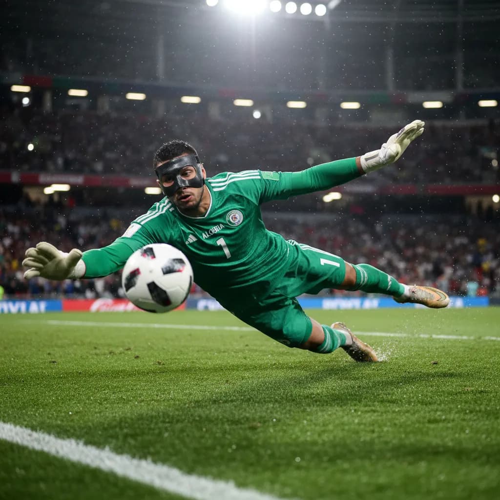 Luca Zidane in a protective mask making a save in Algeria's green goalkeeper kit