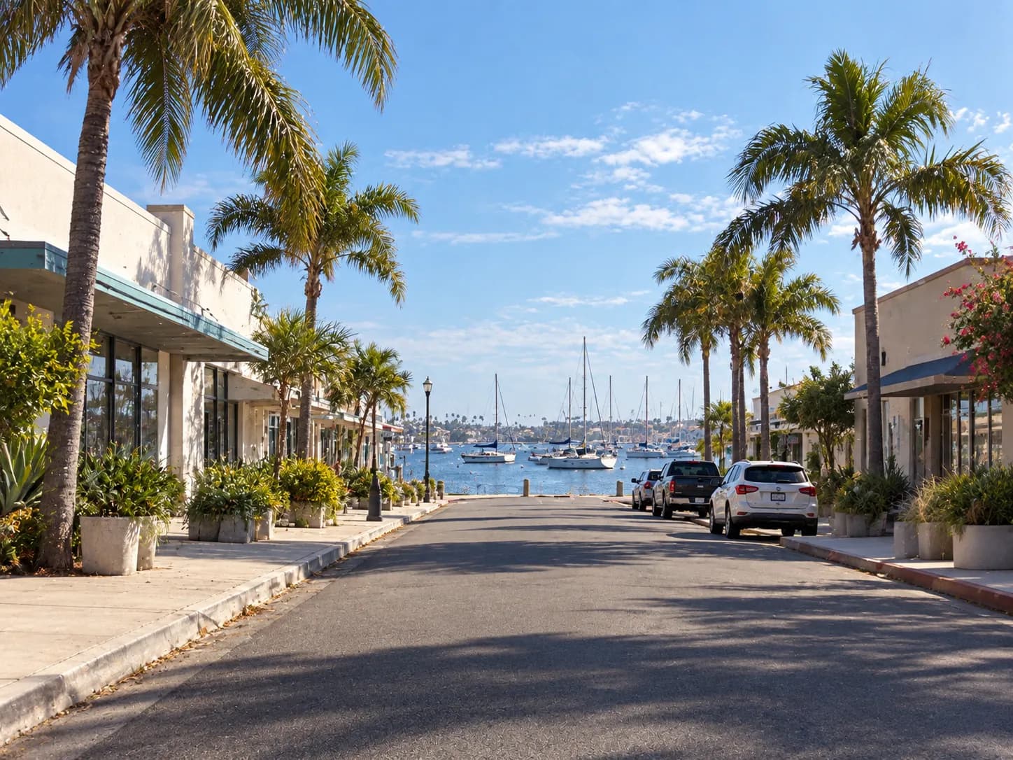 Low-rise bayside neighbourhood street with moored boats and masts visible at the end of the block, mid-century commercial buildings and palms