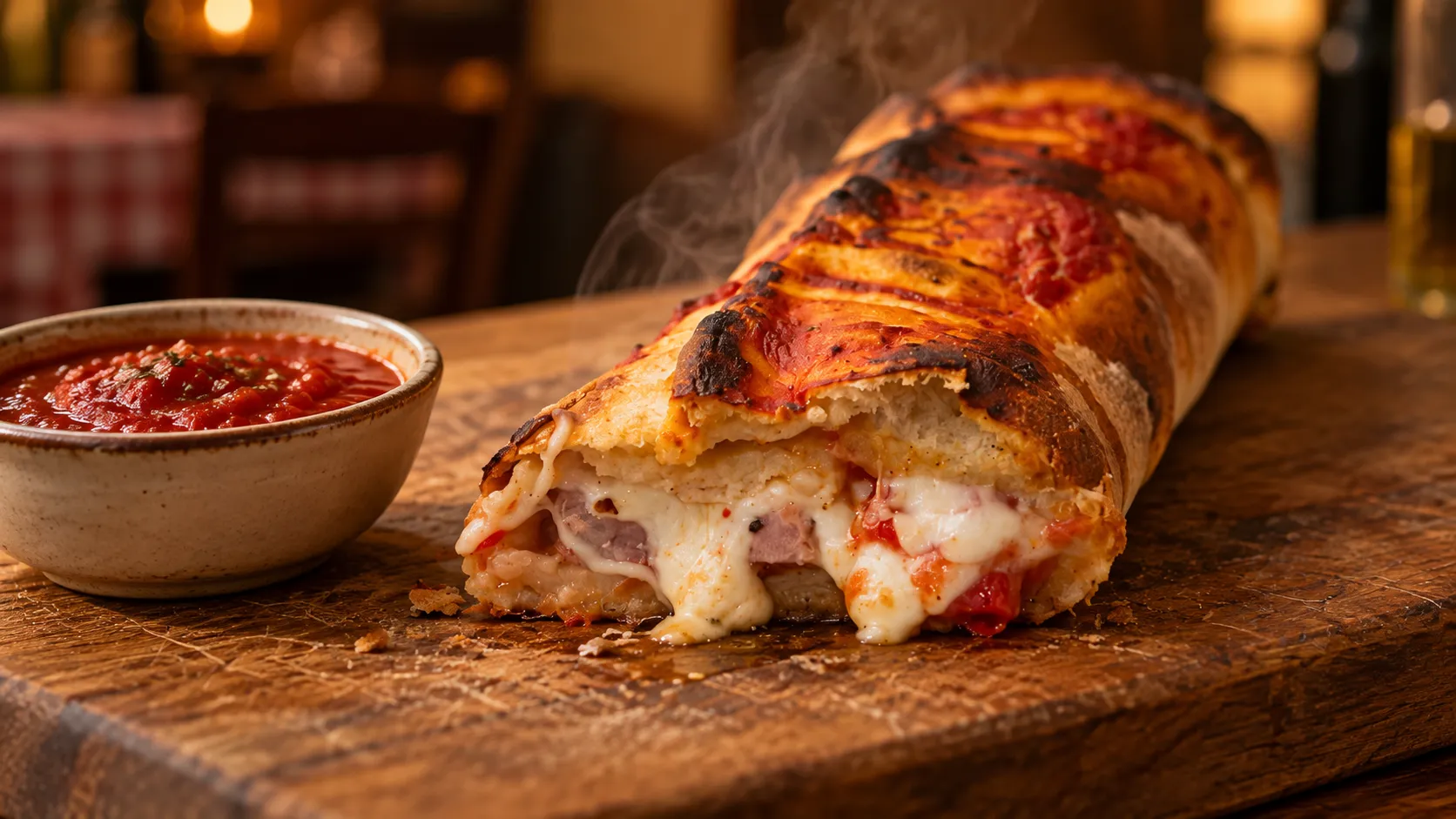 Golden baked calzone cut open on a wooden board with ricotta and melted mozzarella spilling from the cut, beside a bowl of tomato sauce