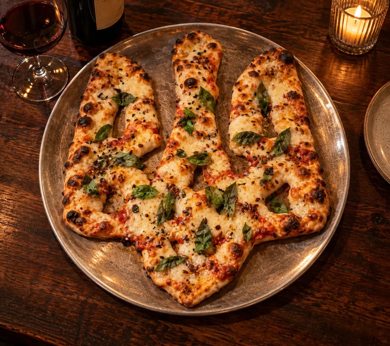 Whole thin-crust pizza on a round metal tray with a hand-stretched charred edge and fresh basil over melted mozzarella, beside a wine glass on dark timber
