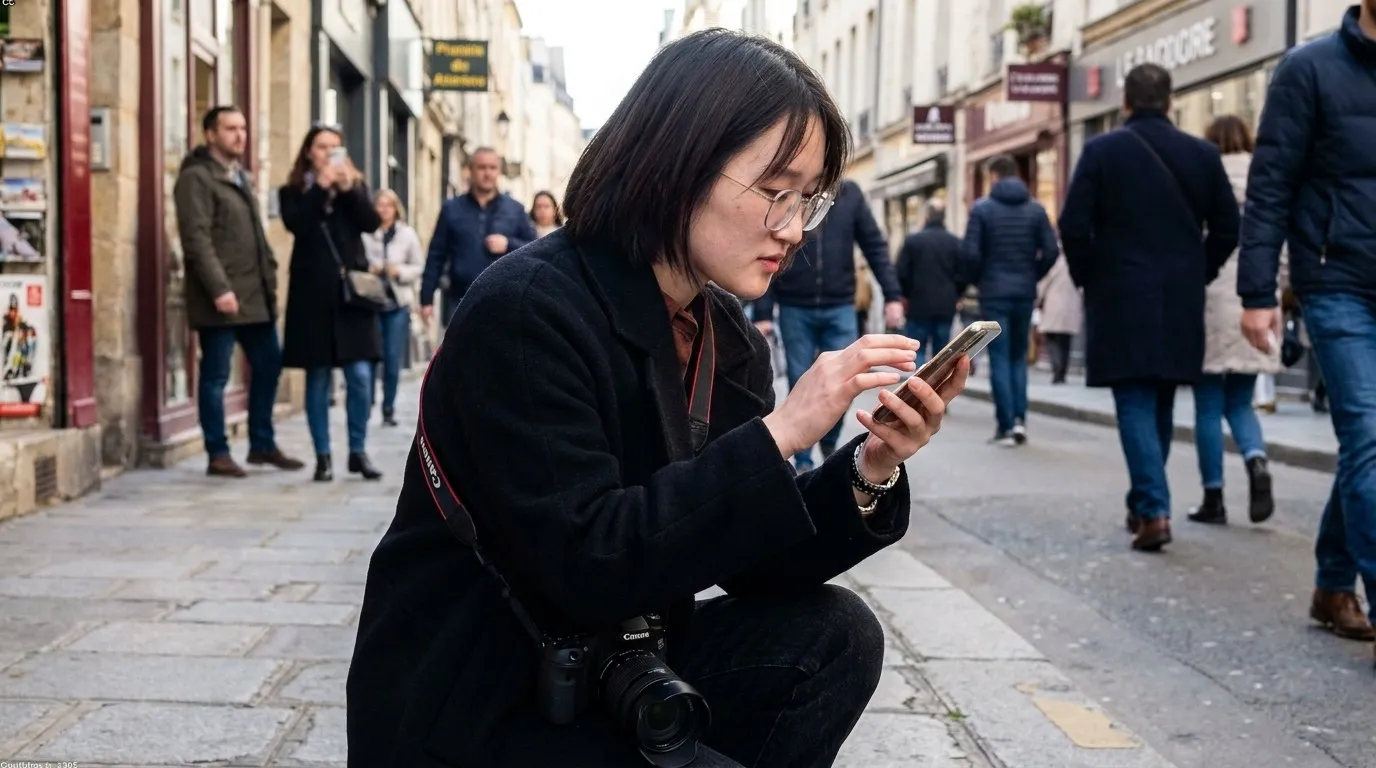 A photorealistic Luminar Neo versus Karpo scenario illustrating the mobile question: editing anywhere versus deciding while moving