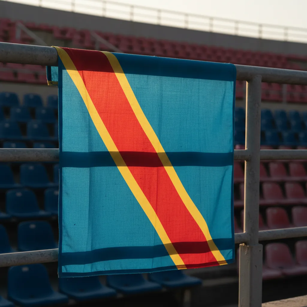 Golden frame on a football pitch symbolizing DR Congo's living statue fan performance art