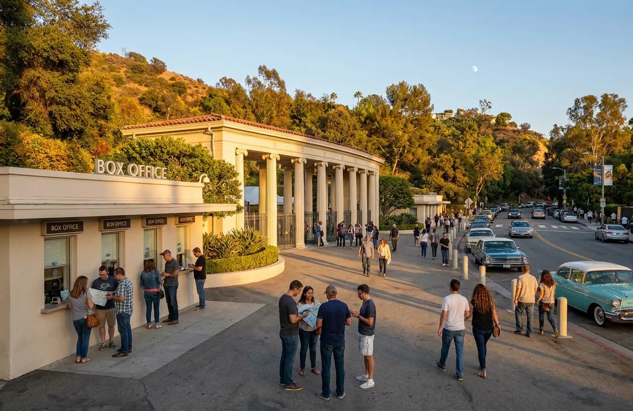 Hollywood Bowl Plaza and box office entrance on Highland Avenue with visitors arriving before eclipse event