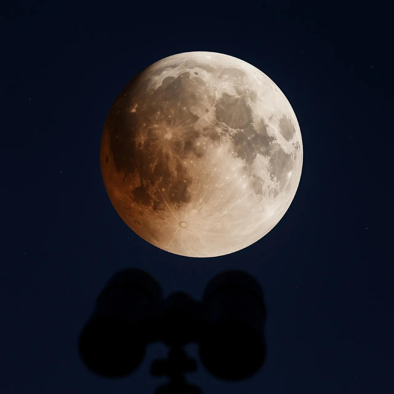 Partial lunar eclipse showing umbral shadow and copper tone with binoculars in foreground during viewing