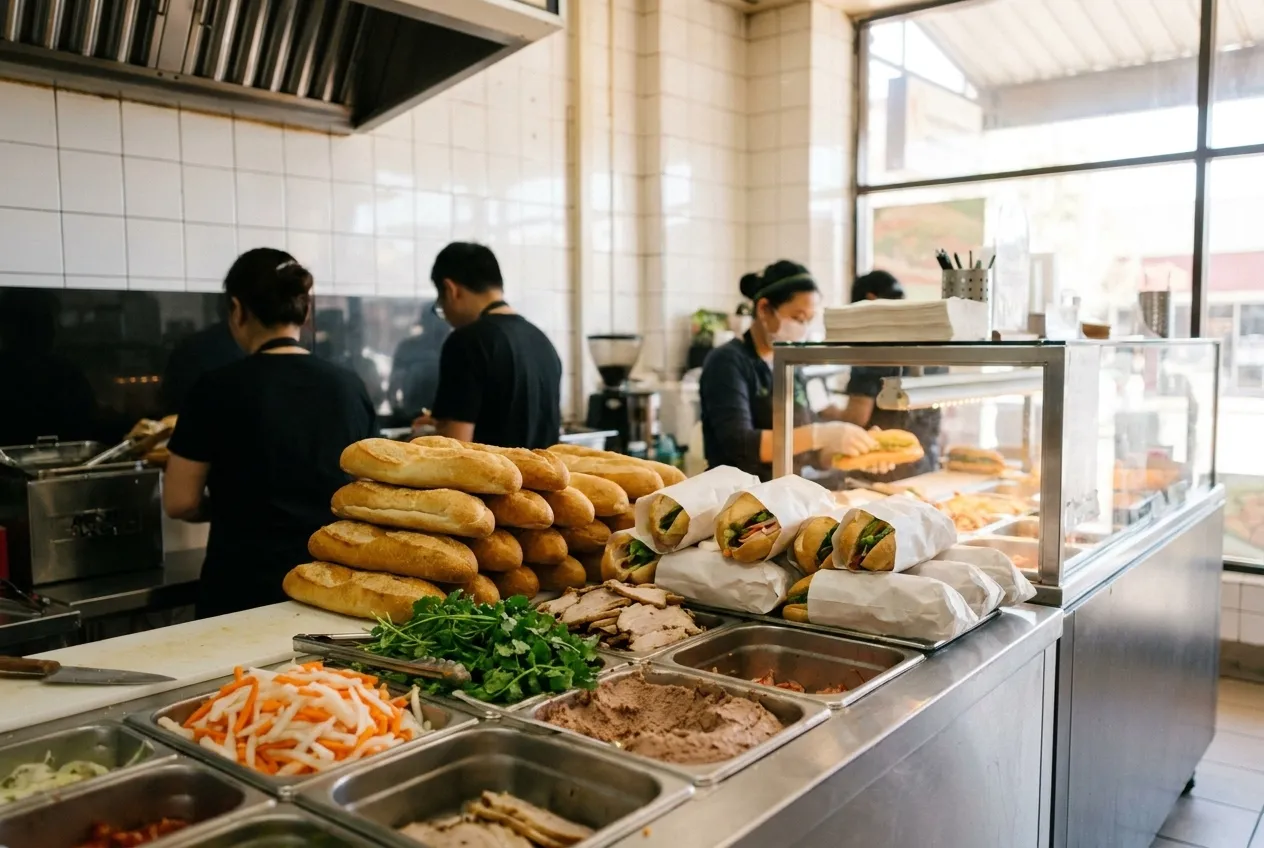 A busy sandwich counter with fresh baguettes, pickled vegetables, and wrapped banh mi ready for pickup.