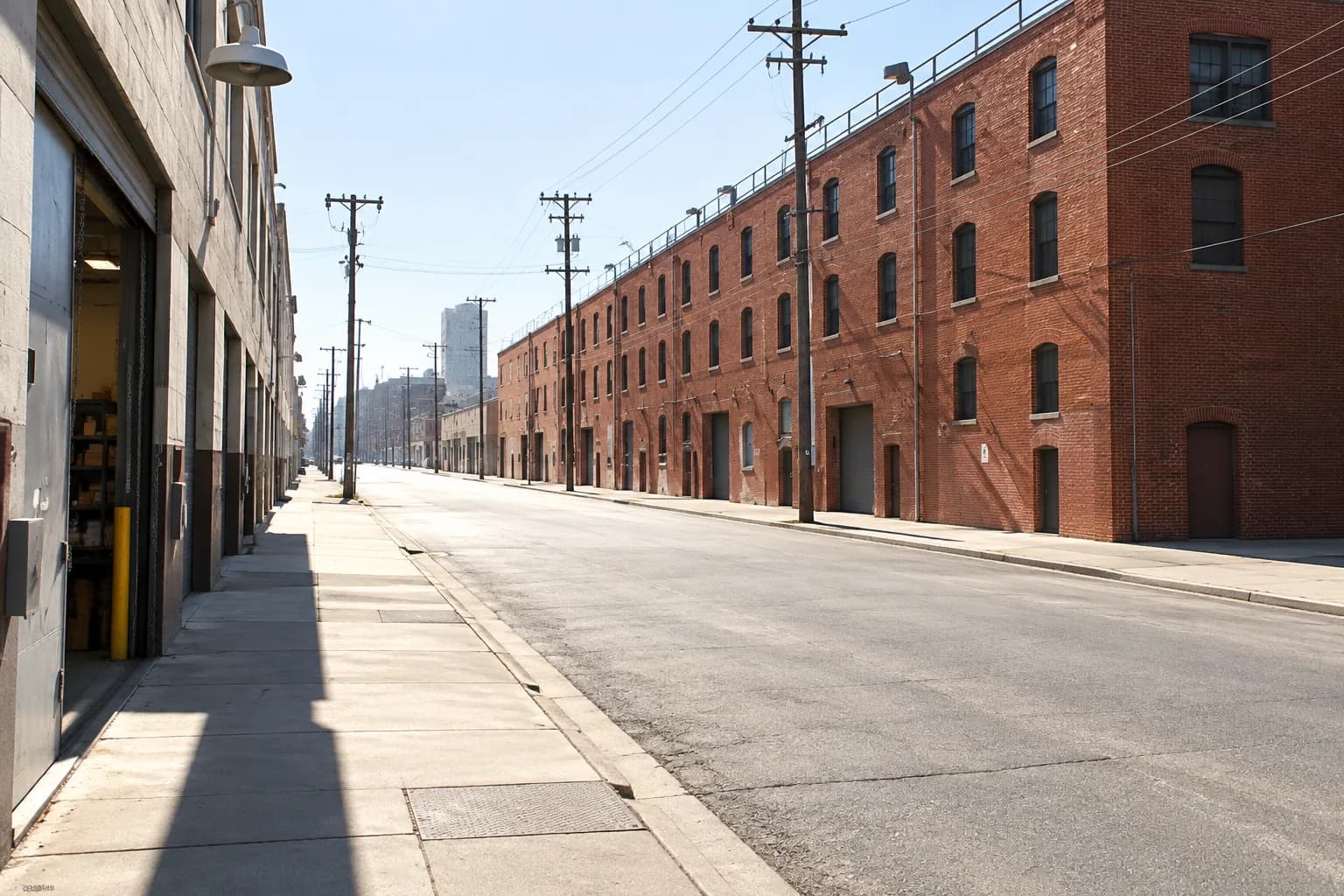 A long brick warehouse block in strong late-morning sun with hard shadow lines, loading docks, an empty road and one open ground-floor unit
