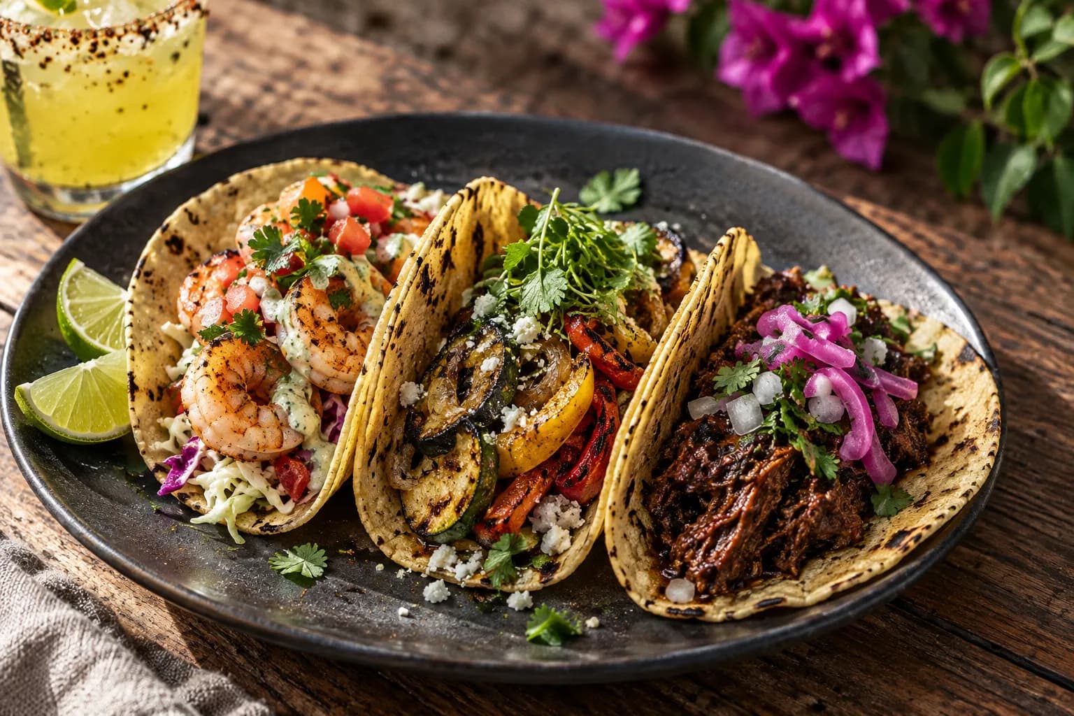 Three open tacos in a row on a dark plate, each visibly different — seafood, charred vegetables and dark braised meat — on a scarred table