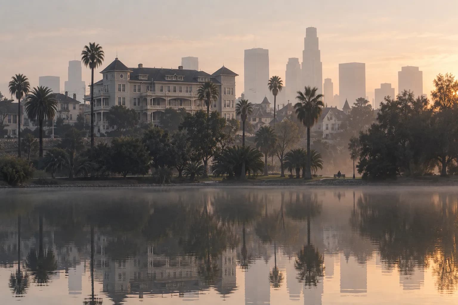 A still urban park lake in early light with palms in silhouette against a pale sky and hazy downtown towers rising in the distance