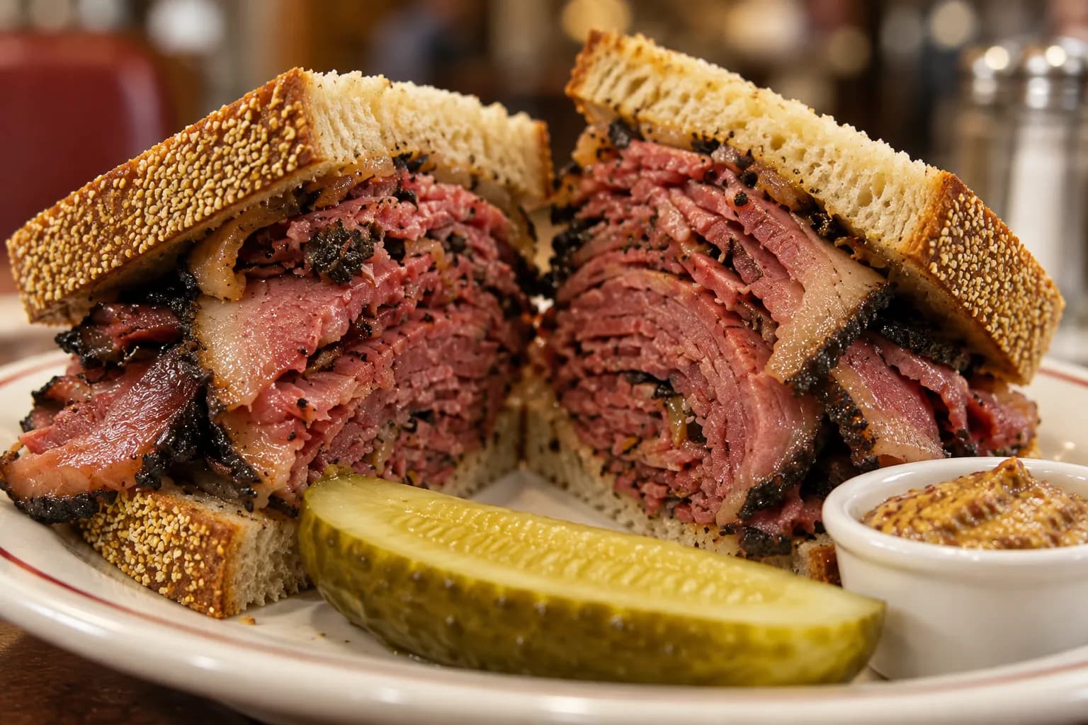 A pastrami sandwich cut in half and standing cut-face to camera, thick hand-cut marbled meat between crisp-crusted rye, pickle and mustard beside