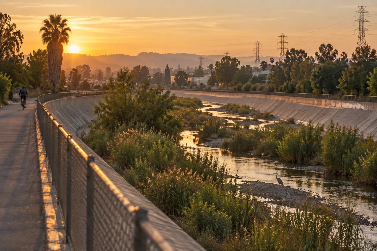 A paved path along a sloped concrete river channel in low evening sun, reeds in the riverbed, a heron on a gravel bar and a distant cyclist