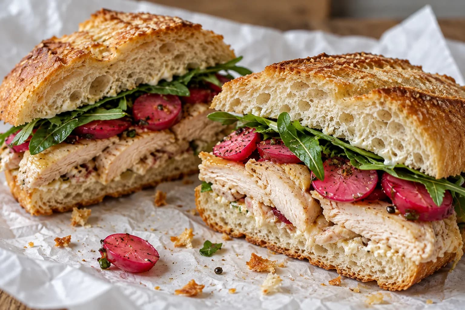 A crusty-roll sandwich cut in half and lying cut-face up on creased white paper, layers of cured meat, pickled vegetable and green leaves visible