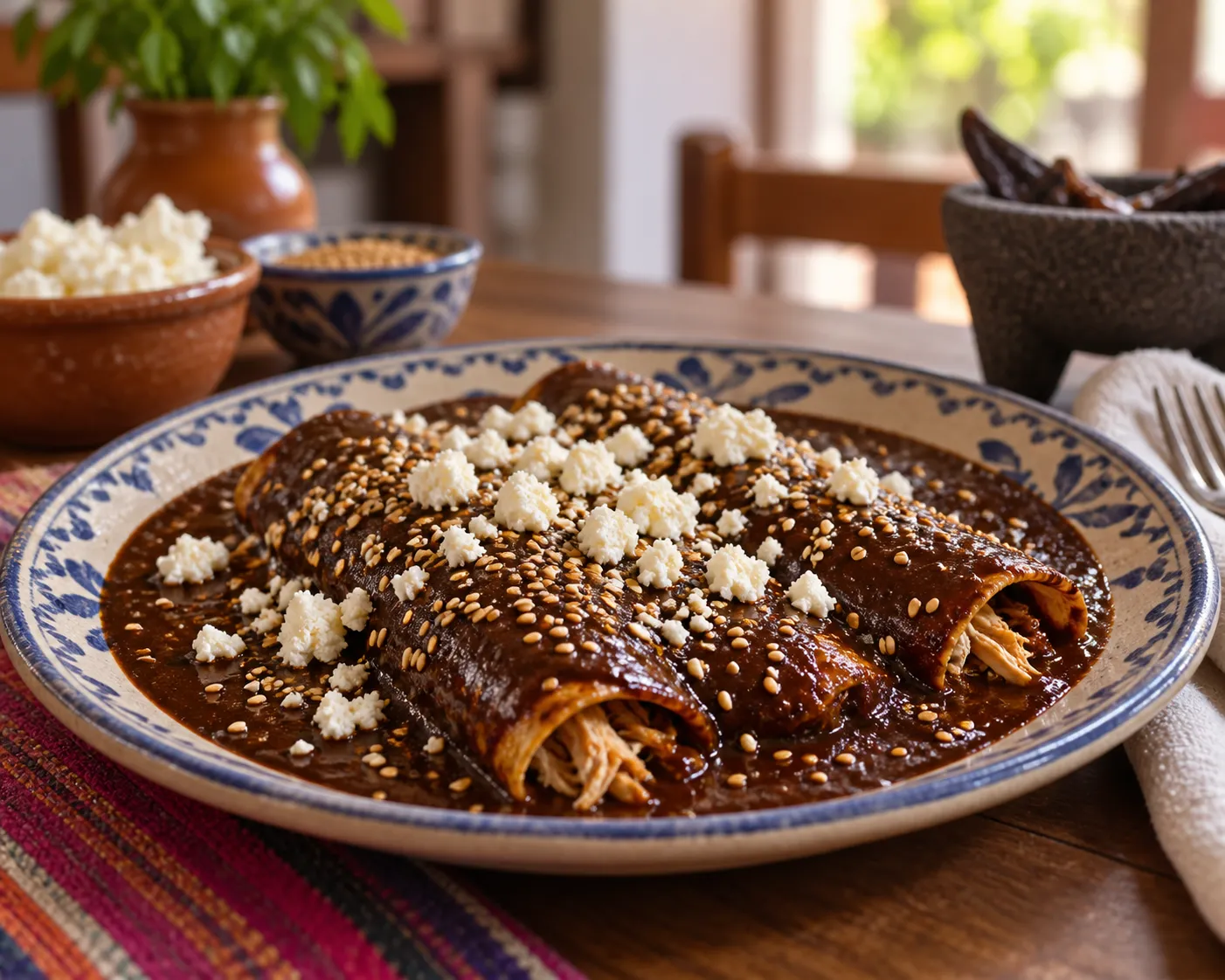 A plate of enchiladas covered in dark mole sauce with sesame seeds and crumbled cheese