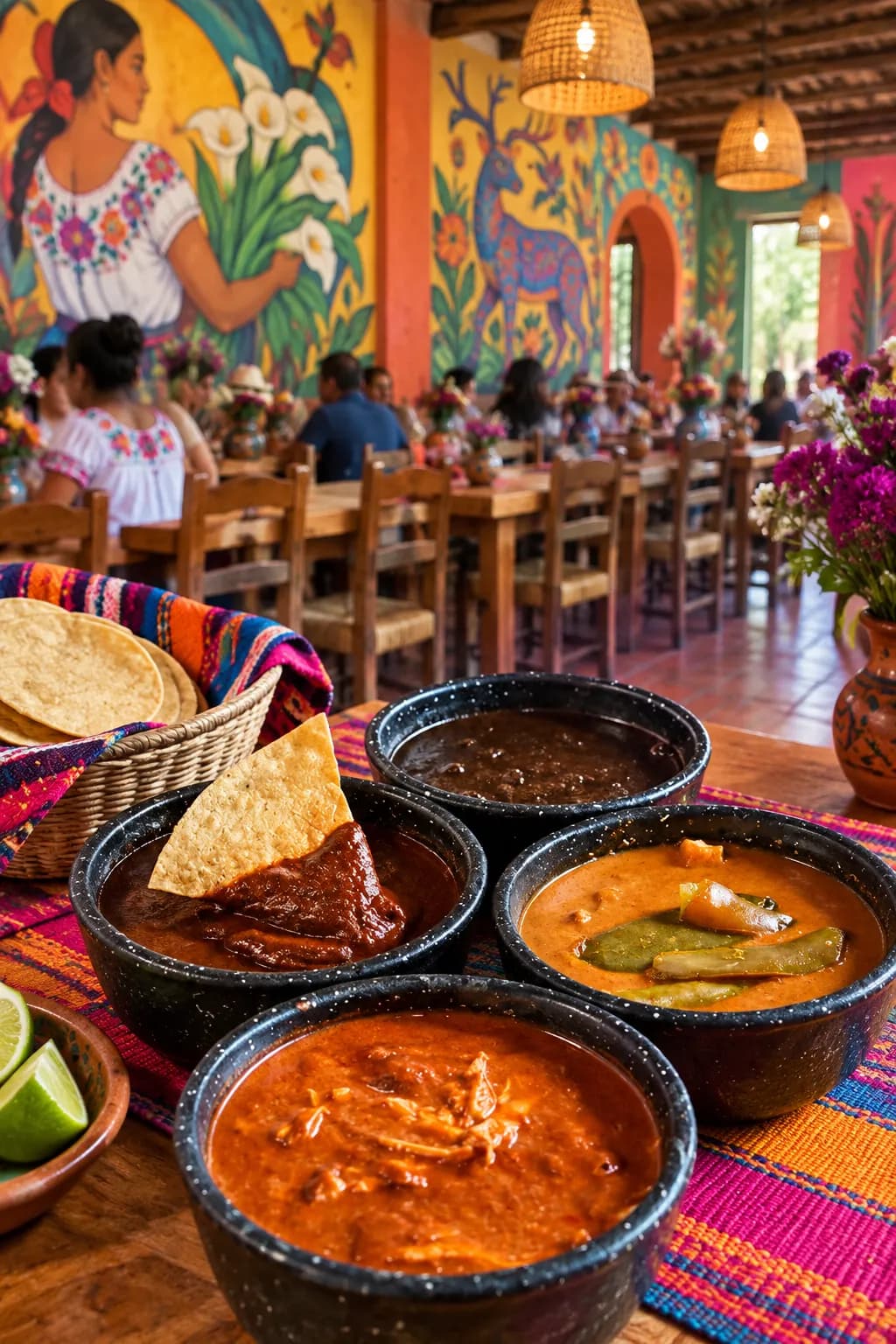 A large colourful Oaxacan restaurant dining room with painted murals and long communal tables