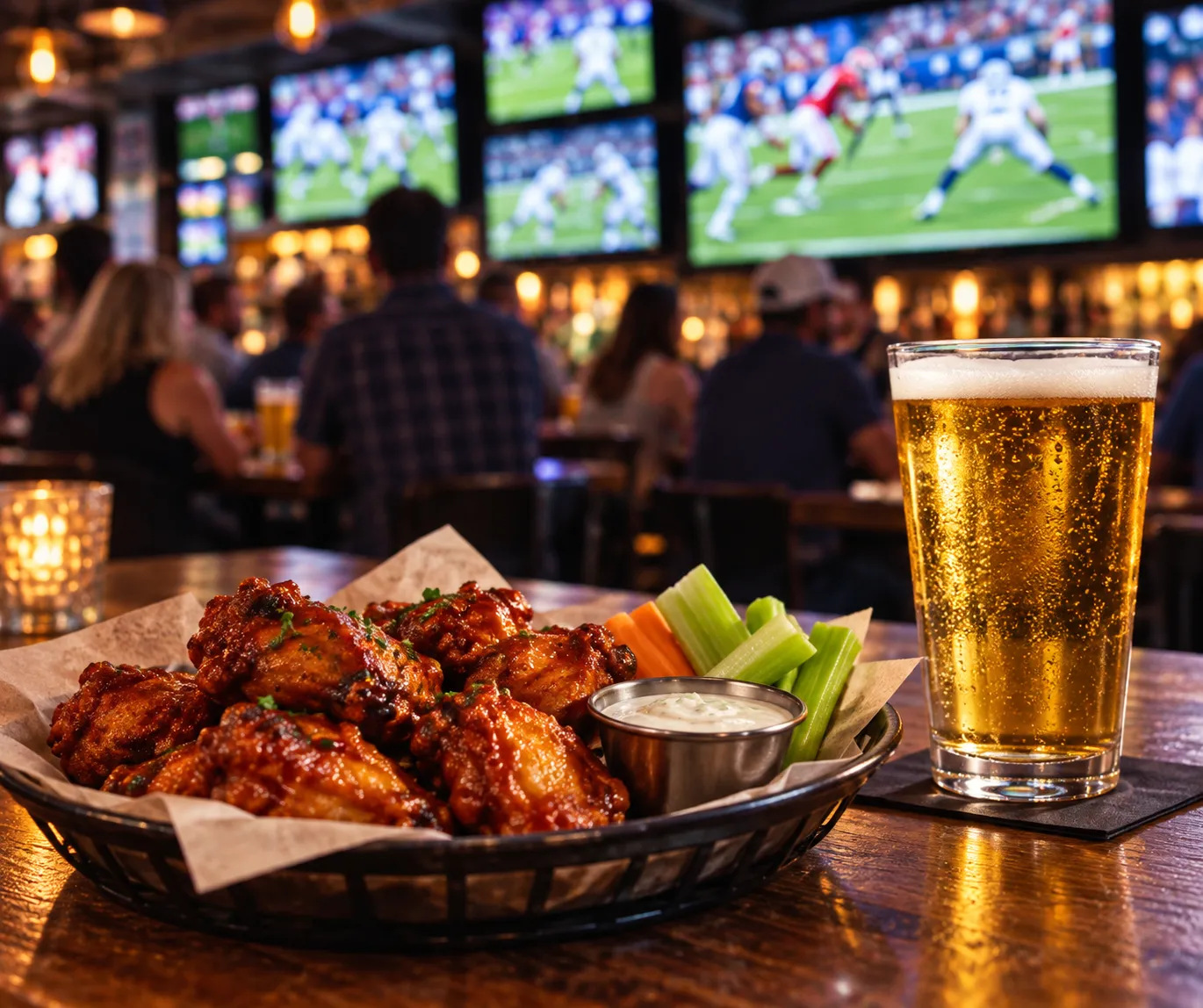 A bar table with wings and a beer in front of a wall of illuminated sports screens