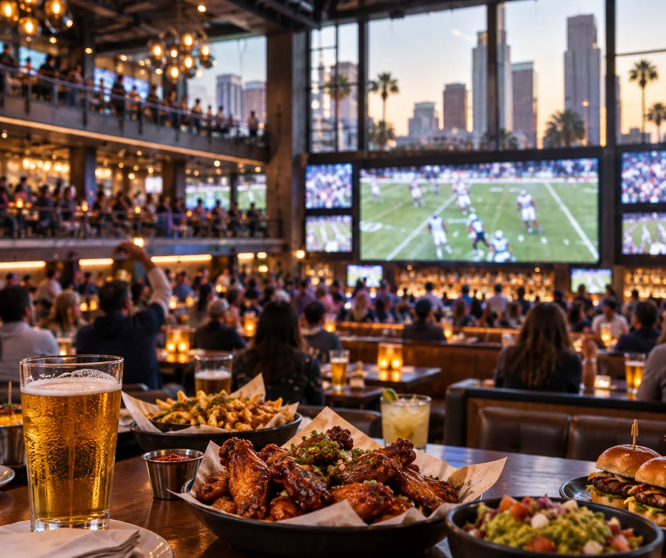 A large open sports bar interior in downtown Los Angeles with tiered seating and a huge central screen