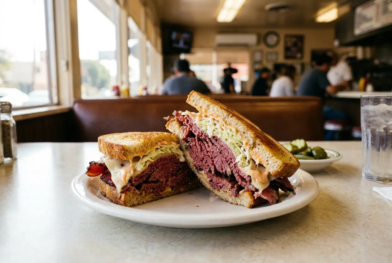 A towering pastrami sandwich on rye bread with Swiss cheese and coleslaw on a white plate at a classic deli counter.