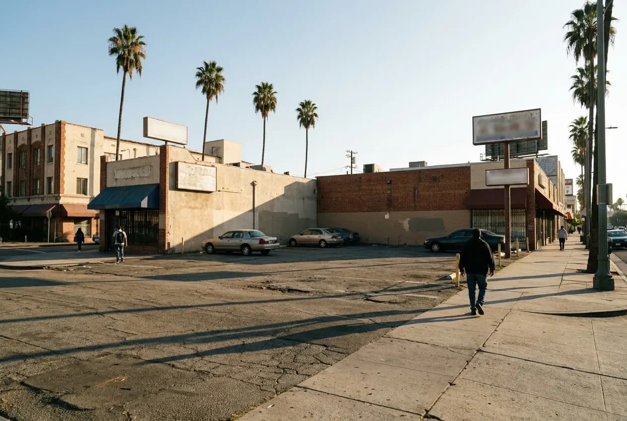 A street corner in the Westlake neighborhood of Los Angeles on a sunny afternoon with older buildings and palm trees.