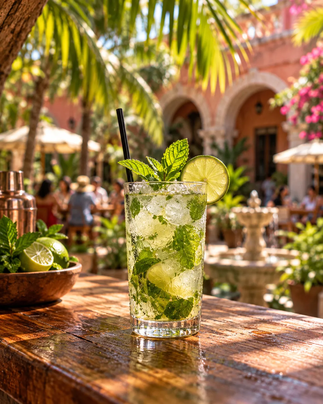A mojito on a wooden bar top in a sunlit tropical courtyard with palm fronds overhead
