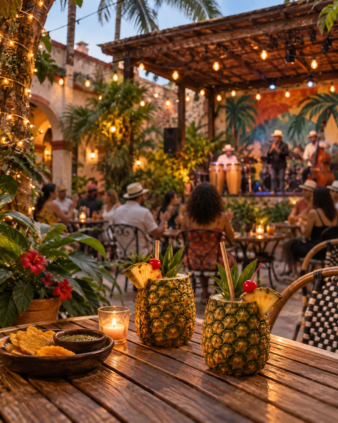 A courtyard music venue in Little Havana with a covered stage, string lights and open-air seating