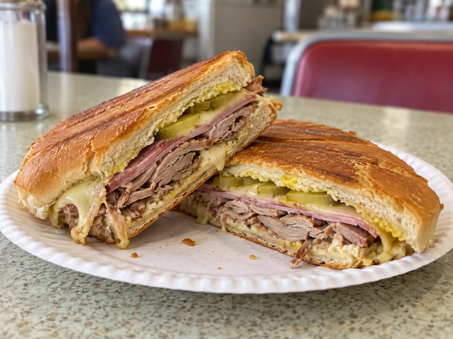A pressed Cuban sandwich cut on the diagonal on a paper plate on a formica counter