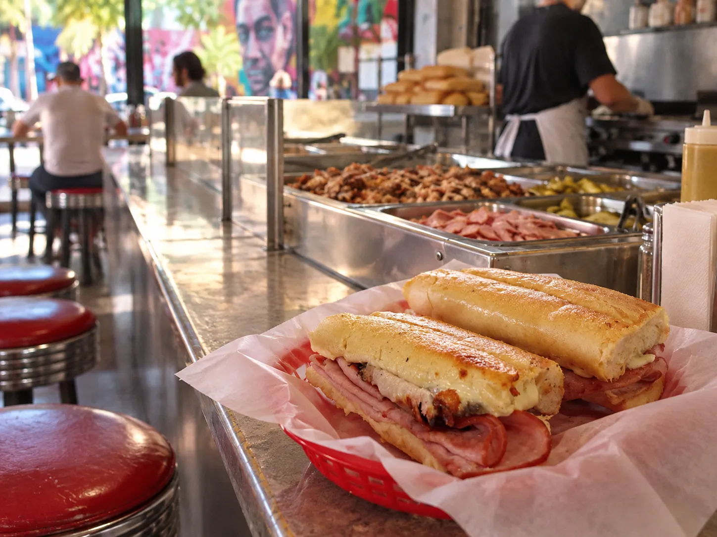 A small old-school Cuban sandwich shop counter in Wynwood with stools and a steam table
